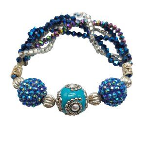 Handcrafted Blue Iridescent Crystal Bead Stretch Bracelet Silver Tone Accents